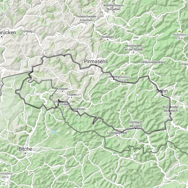 Karten-Miniaturansicht der Radinspiration "Herausforderung bei Dahn - Eselskopf, Pirmasens, Dahn" in Rheinhessen-Pfalz, Germany. Erstellt vom Tarmacs.app-Routenplaner für Radtouren