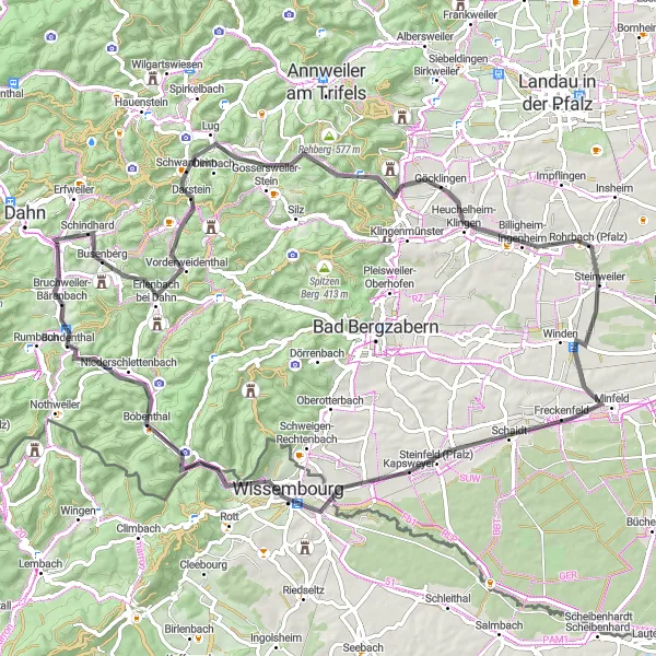 Map miniature of "Scenic Road Escapade" cycling inspiration in Rheinhessen-Pfalz, Germany. Generated by Tarmacs.app cycling route planner