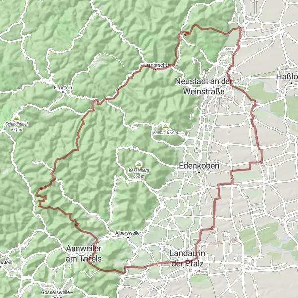 Map miniature of "Exploring the Gravel Gems: Duttweiler to Deidesheim" cycling inspiration in Rheinhessen-Pfalz, Germany. Generated by Tarmacs.app cycling route planner