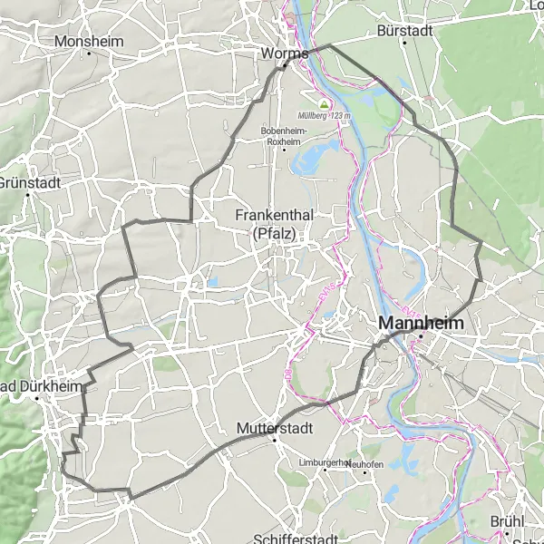 Map miniature of "Cycling through Rheinhessen-Pfalz" cycling inspiration in Rheinhessen-Pfalz, Germany. Generated by Tarmacs.app cycling route planner