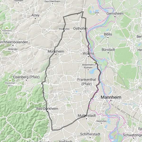 Karten-Miniaturansicht der Radinspiration "Erkunde die malerischen Dörfer und Burgen von Rheinhessen-Pfalz" in Rheinhessen-Pfalz, Germany. Erstellt vom Tarmacs.app-Routenplaner für Radtouren