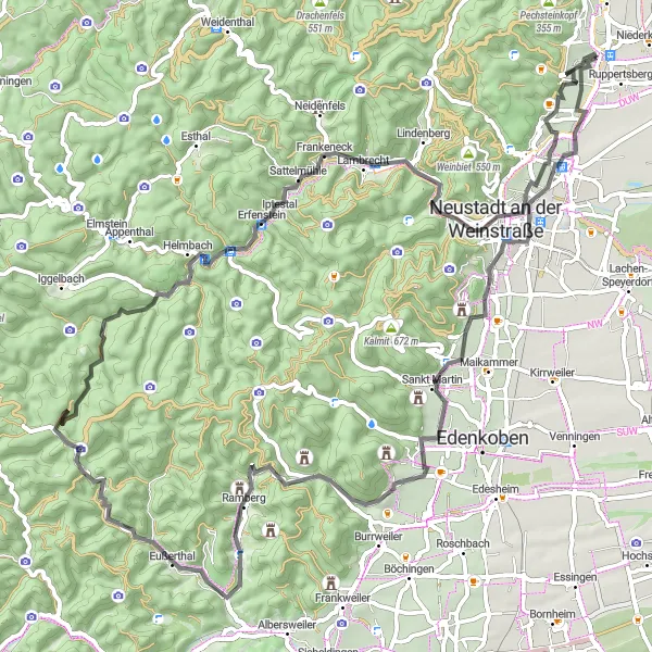 Karten-Miniaturansicht der Radinspiration "Bergpanorama und Weinstraße Erlebnis" in Rheinhessen-Pfalz, Germany. Erstellt vom Tarmacs.app-Routenplaner für Radtouren