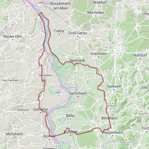 Map miniature of "Rheinhessen-Pfalz Gravel Adventure" cycling inspiration in Rheinhessen-Pfalz, Germany. Generated by Tarmacs.app cycling route planner