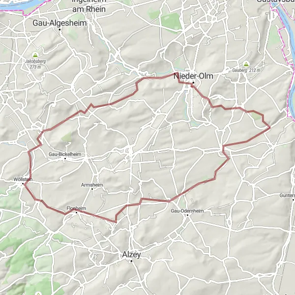 Map miniature of "Rheinhessen-Pfalz Gravel Escape" cycling inspiration in Rheinhessen-Pfalz, Germany. Generated by Tarmacs.app cycling route planner