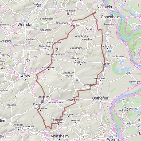 Map miniature of "Adventure on Gravel: Exploring Tranquil Villages" cycling inspiration in Rheinhessen-Pfalz, Germany. Generated by Tarmacs.app cycling route planner