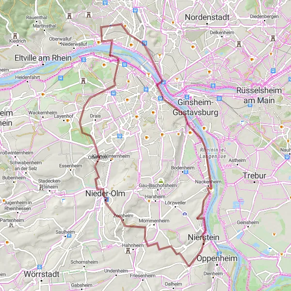 Map miniature of "Gravel Pathways of Rheinhessen-Pfalz" cycling inspiration in Rheinhessen-Pfalz, Germany. Generated by Tarmacs.app cycling route planner