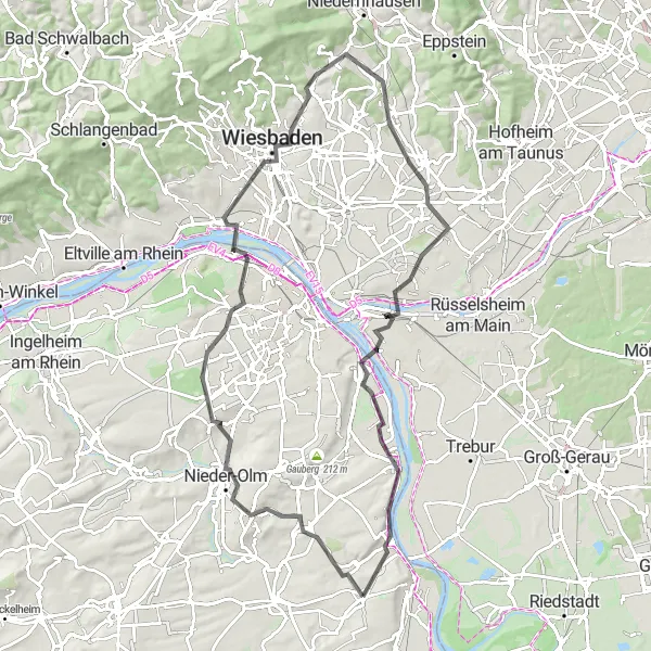 Karten-Miniaturansicht der Radinspiration "Mainz-Wiesbaden Rundweg" in Rheinhessen-Pfalz, Germany. Erstellt vom Tarmacs.app-Routenplaner für Radtouren