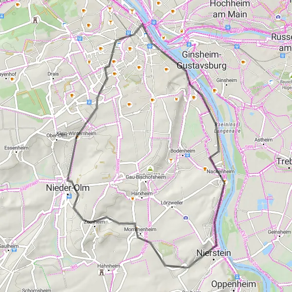 Map miniature of "Cultural Delights: Cycling Tour of Rheinhessen's Gems" cycling inspiration in Rheinhessen-Pfalz, Germany. Generated by Tarmacs.app cycling route planner