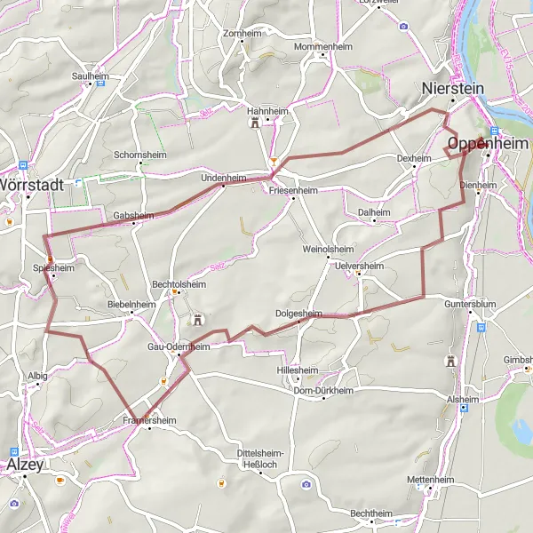 Map miniature of "Around the Rhein River" cycling inspiration in Rheinhessen-Pfalz, Germany. Generated by Tarmacs.app cycling route planner