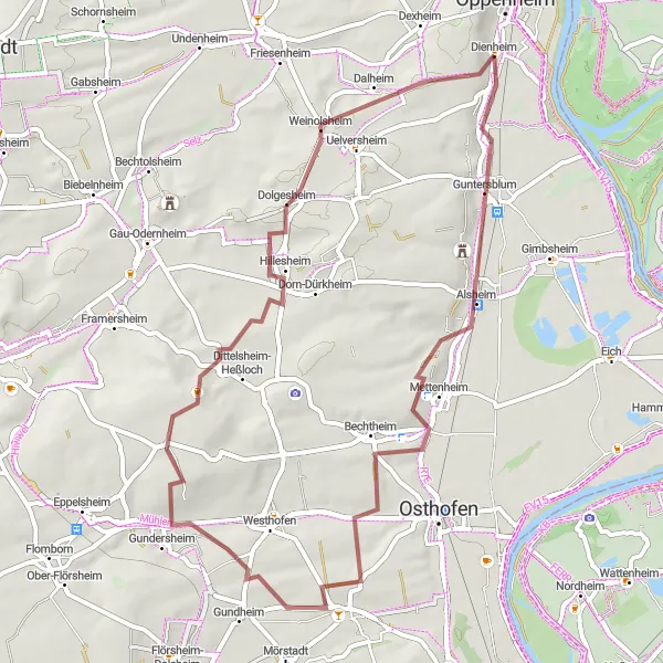 Map miniature of "The Captivating Hills of Guntersblum" cycling inspiration in Rheinhessen-Pfalz, Germany. Generated by Tarmacs.app cycling route planner