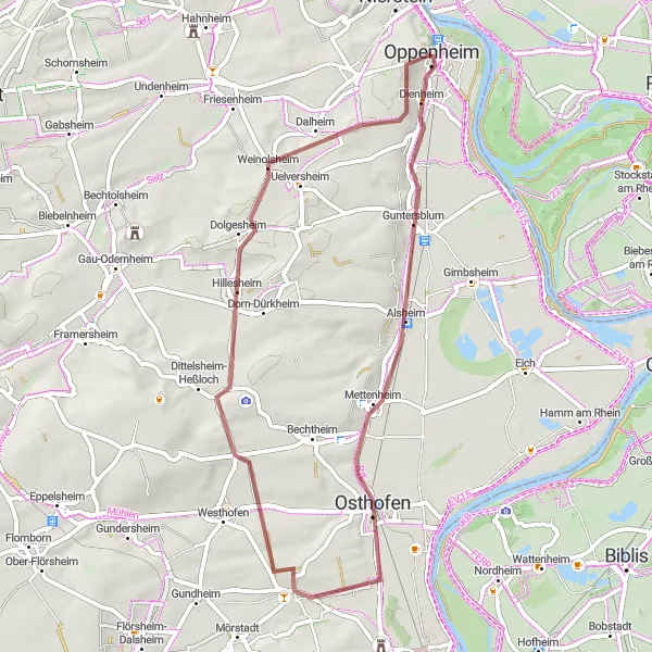 Map miniature of "The Hidden Gems of Rheinhessen" cycling inspiration in Rheinhessen-Pfalz, Germany. Generated by Tarmacs.app cycling route planner