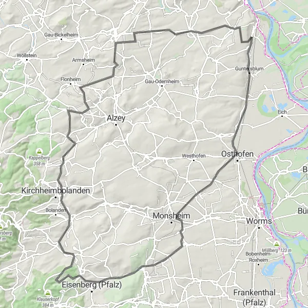 Karten-Miniaturansicht der Radinspiration "Weinberge und Aussichten" in Rheinhessen-Pfalz, Germany. Erstellt vom Tarmacs.app-Routenplaner für Radtouren