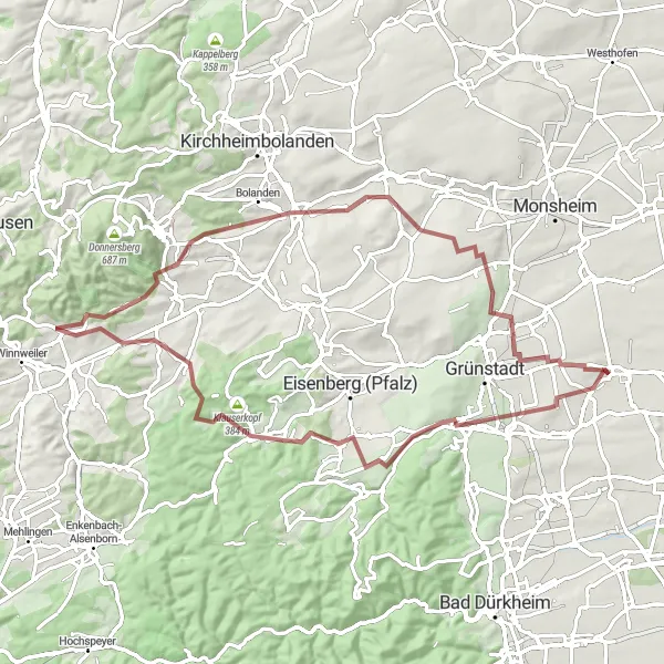 Map miniature of "Challenging Gravel Experience: Orlenberg Loop" cycling inspiration in Rheinhessen-Pfalz, Germany. Generated by Tarmacs.app cycling route planner