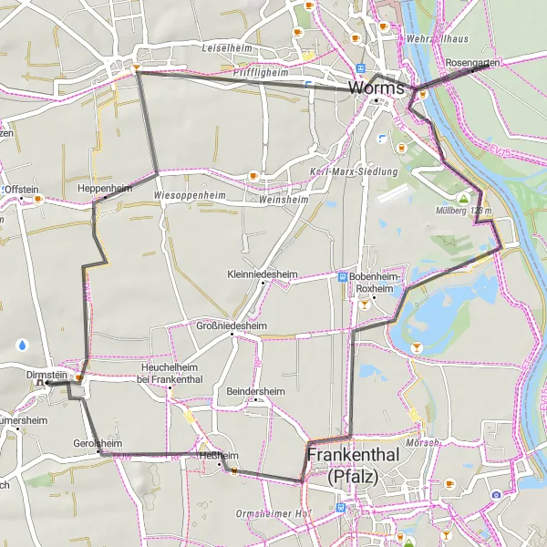 Map miniature of "The Riverside Route" cycling inspiration in Rheinhessen-Pfalz, Germany. Generated by Tarmacs.app cycling route planner