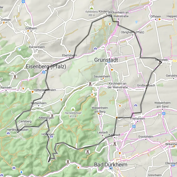 Map miniature of "The Hilly Wine Route" cycling inspiration in Rheinhessen-Pfalz, Germany. Generated by Tarmacs.app cycling route planner