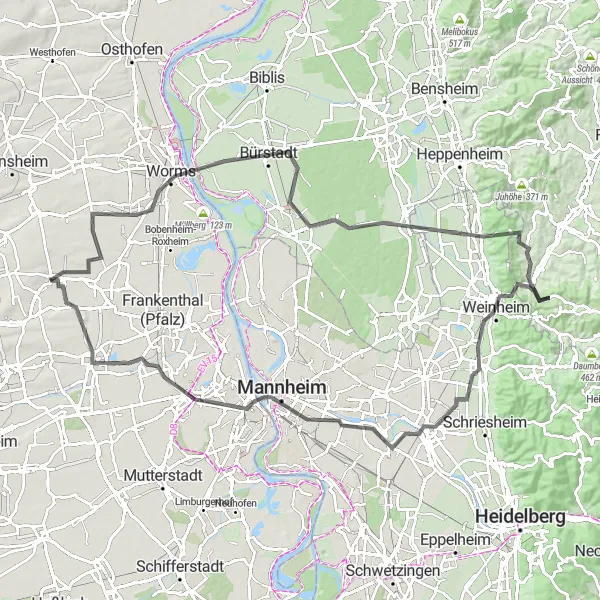 Map miniature of "Worms - Ladenburg Loop" cycling inspiration in Rheinhessen-Pfalz, Germany. Generated by Tarmacs.app cycling route planner