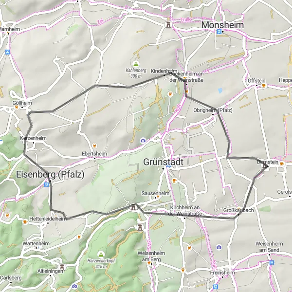 Map miniature of "Bissersheim - Koeth-Wanscheidsches Schloss Road Ride" cycling inspiration in Rheinhessen-Pfalz, Germany. Generated by Tarmacs.app cycling route planner