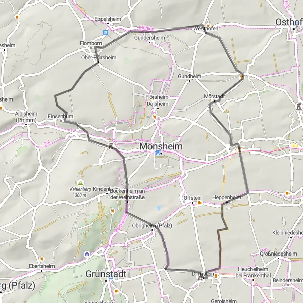 Map miniature of "Scenic Gravel Route Near Dirmstein" cycling inspiration in Rheinhessen-Pfalz, Germany. Generated by Tarmacs.app cycling route planner