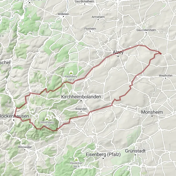 Map miniature of "The Rheinhessen Gravel Delight" cycling inspiration in Rheinhessen-Pfalz, Germany. Generated by Tarmacs.app cycling route planner
