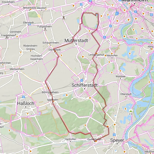 Map miniature of "Discover Gravel Paths around Dudenhofen" cycling inspiration in Rheinhessen-Pfalz, Germany. Generated by Tarmacs.app cycling route planner