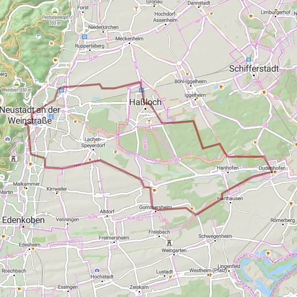 Karten-Miniaturansicht der Radinspiration "Gravel-Tour nach Conrad-Freytag-Blick und Haßloch" in Rheinhessen-Pfalz, Germany. Erstellt vom Tarmacs.app-Routenplaner für Radtouren