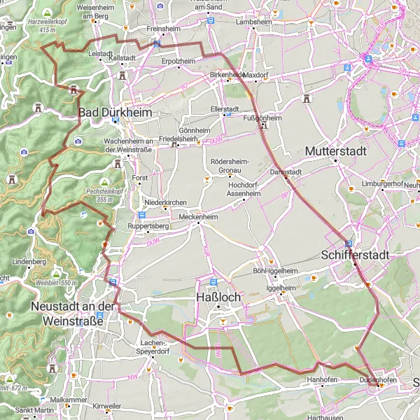 Map miniature of "The Gravel Adventure in Rheinhessen-Pfalz" cycling inspiration in Rheinhessen-Pfalz, Germany. Generated by Tarmacs.app cycling route planner