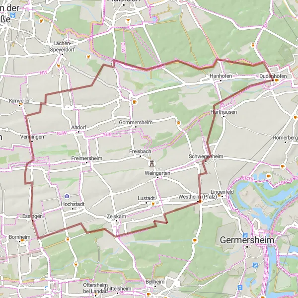 Karten-Miniaturansicht der Radinspiration "Gravelabenteuer durch Schwegenheim und Venningen" in Rheinhessen-Pfalz, Germany. Erstellt vom Tarmacs.app-Routenplaner für Radtouren