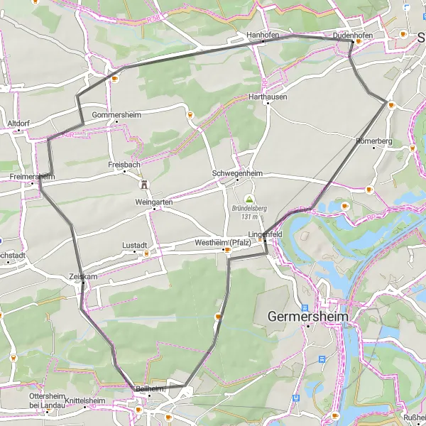 Karten-Miniaturansicht der Radinspiration "Kurze Rundfahrt nach Bellheim und Böbingen" in Rheinhessen-Pfalz, Germany. Erstellt vom Tarmacs.app-Routenplaner für Radtouren