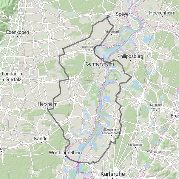 Map miniature of "Challenge Yourself on a Long Road Cycling Route" cycling inspiration in Rheinhessen-Pfalz, Germany. Generated by Tarmacs.app cycling route planner