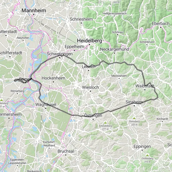 Map miniature of "Road Cycling Expedition in Rheinhessen-Pfalz" cycling inspiration in Rheinhessen-Pfalz, Germany. Generated by Tarmacs.app cycling route planner