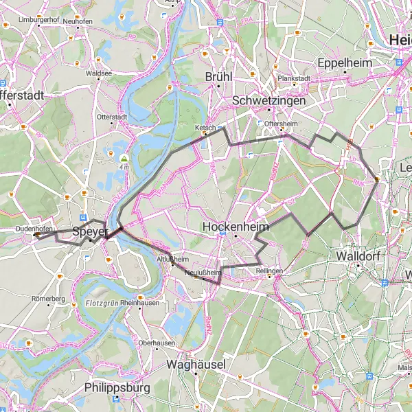 Map miniature of "Cycling Adventure from Dudenhofen to Speyer" cycling inspiration in Rheinhessen-Pfalz, Germany. Generated by Tarmacs.app cycling route planner