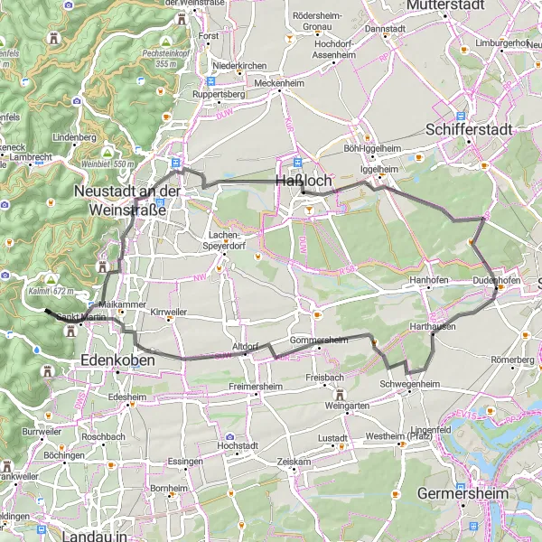 Map miniature of "Rheinhessen-Pfalz Road Cycling Route" cycling inspiration in Rheinhessen-Pfalz, Germany. Generated by Tarmacs.app cycling route planner