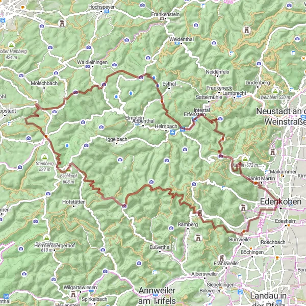 Map miniature of "Gravel Adventure through Edenkoben" cycling inspiration in Rheinhessen-Pfalz, Germany. Generated by Tarmacs.app cycling route planner