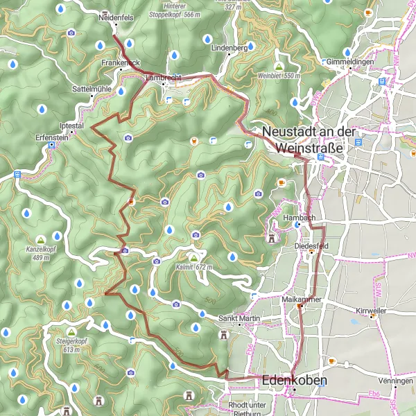 Map miniature of "Scenic Gravel Loop near Edenkoben" cycling inspiration in Rheinhessen-Pfalz, Germany. Generated by Tarmacs.app cycling route planner