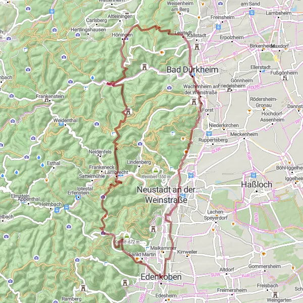 Map miniature of "Gravel Adventure in Rheinhessen-Pfalz" cycling inspiration in Rheinhessen-Pfalz, Germany. Generated by Tarmacs.app cycling route planner