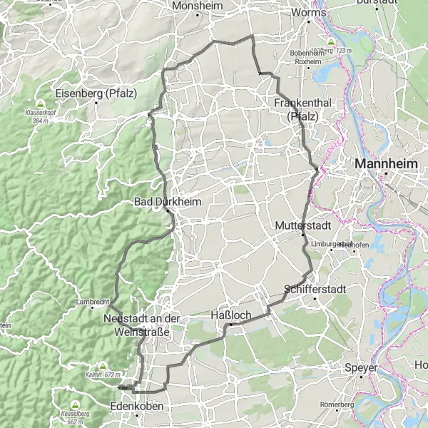 Map miniature of "Scenic Road Cycling Adventure near Edenkoben" cycling inspiration in Rheinhessen-Pfalz, Germany. Generated by Tarmacs.app cycling route planner