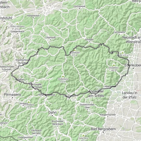 Map miniature of "Ultimate Challenge: Hills and Castles" cycling inspiration in Rheinhessen-Pfalz, Germany. Generated by Tarmacs.app cycling route planner