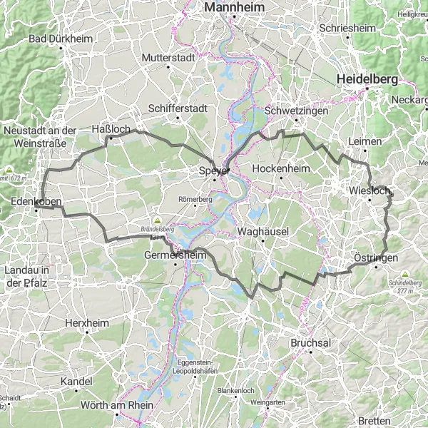 Map miniature of "Rheinhessen-Pfalz Road Cycling Adventure" cycling inspiration in Rheinhessen-Pfalz, Germany. Generated by Tarmacs.app cycling route planner