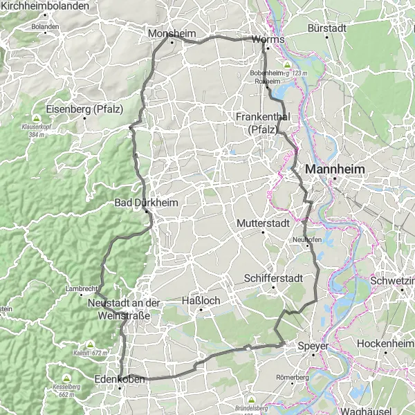 Karten-Miniaturansicht der Radinspiration "Historische Radtour durch die Pfalz" in Rheinhessen-Pfalz, Germany. Erstellt vom Tarmacs.app-Routenplaner für Radtouren