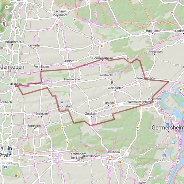 Map miniature of "Roads and Vineyards Gravel Route" cycling inspiration in Rheinhessen-Pfalz, Germany. Generated by Tarmacs.app cycling route planner