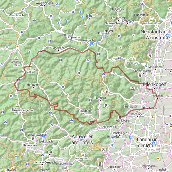 Karten-Miniaturansicht der Radinspiration "Herausfordernde Gravel-Tour durch die Pfälzer Berge" in Rheinhessen-Pfalz, Germany. Erstellt vom Tarmacs.app-Routenplaner für Radtouren