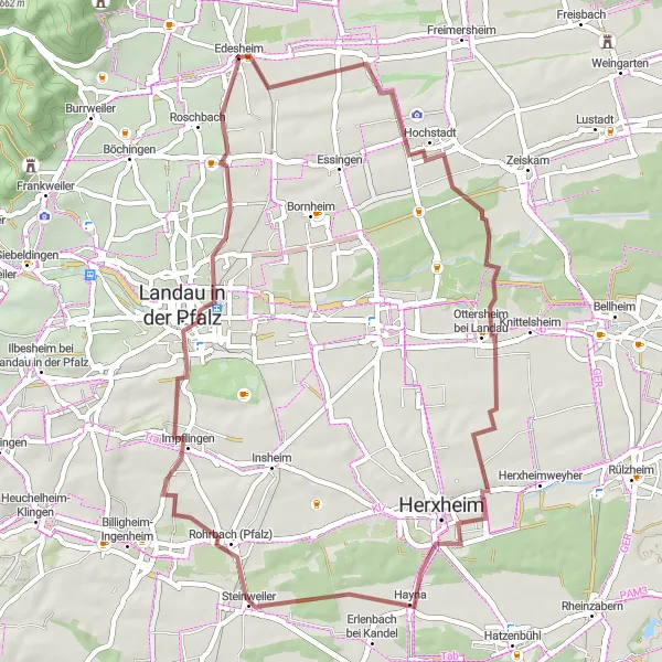 Map miniature of "Gravel Adventure: Houschder Winzerturm to Landau in der Pfalz Loop" cycling inspiration in Rheinhessen-Pfalz, Germany. Generated by Tarmacs.app cycling route planner