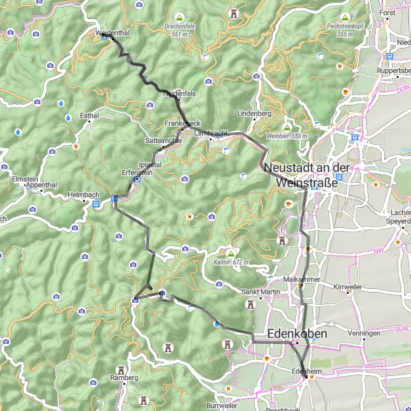 Karten-Miniaturansicht der Radinspiration "Historische Road-Tour durch die Pfälzer Weinberge" in Rheinhessen-Pfalz, Germany. Erstellt vom Tarmacs.app-Routenplaner für Radtouren