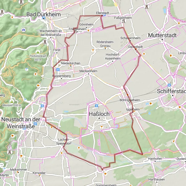 Map miniature of "Hidden Gravel Trails" cycling inspiration in Rheinhessen-Pfalz, Germany. Generated by Tarmacs.app cycling route planner