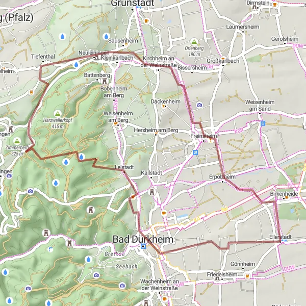 Map miniature of "Challenging Gravel Climb" cycling inspiration in Rheinhessen-Pfalz, Germany. Generated by Tarmacs.app cycling route planner