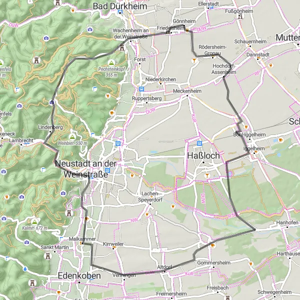 Map miniature of "Rheinhessen-Pfalz Road Cycling Route" cycling inspiration in Rheinhessen-Pfalz, Germany. Generated by Tarmacs.app cycling route planner