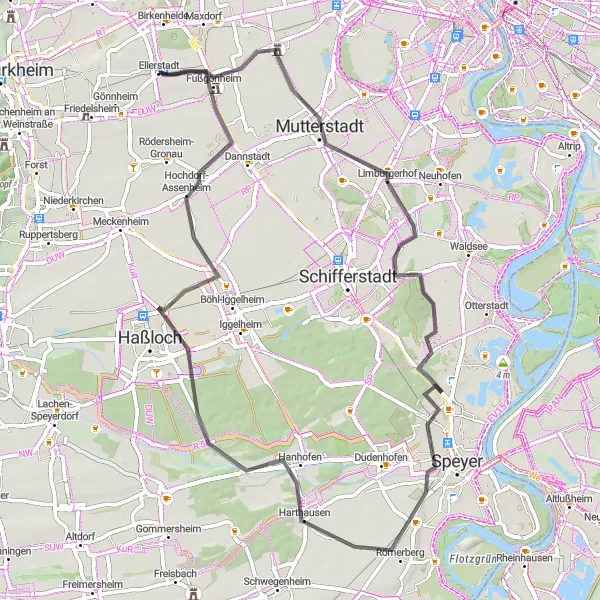 Map miniature of "Rheinhessen Vineyards and Historical Villages" cycling inspiration in Rheinhessen-Pfalz, Germany. Generated by Tarmacs.app cycling route planner