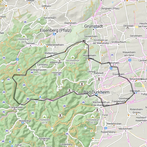 Map miniature of "Wine Routes and Castles" cycling inspiration in Rheinhessen-Pfalz, Germany. Generated by Tarmacs.app cycling route planner