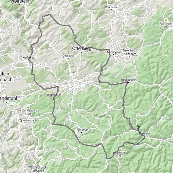 Karten-Miniaturansicht der Radinspiration "Pfalz-Moser-Tour" in Rheinhessen-Pfalz, Germany. Erstellt vom Tarmacs.app-Routenplaner für Radtouren