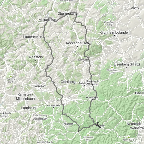 Karten-Miniaturansicht der Radinspiration "Obermoschel-Mainz-Tour" in Rheinhessen-Pfalz, Germany. Erstellt vom Tarmacs.app-Routenplaner für Radtouren